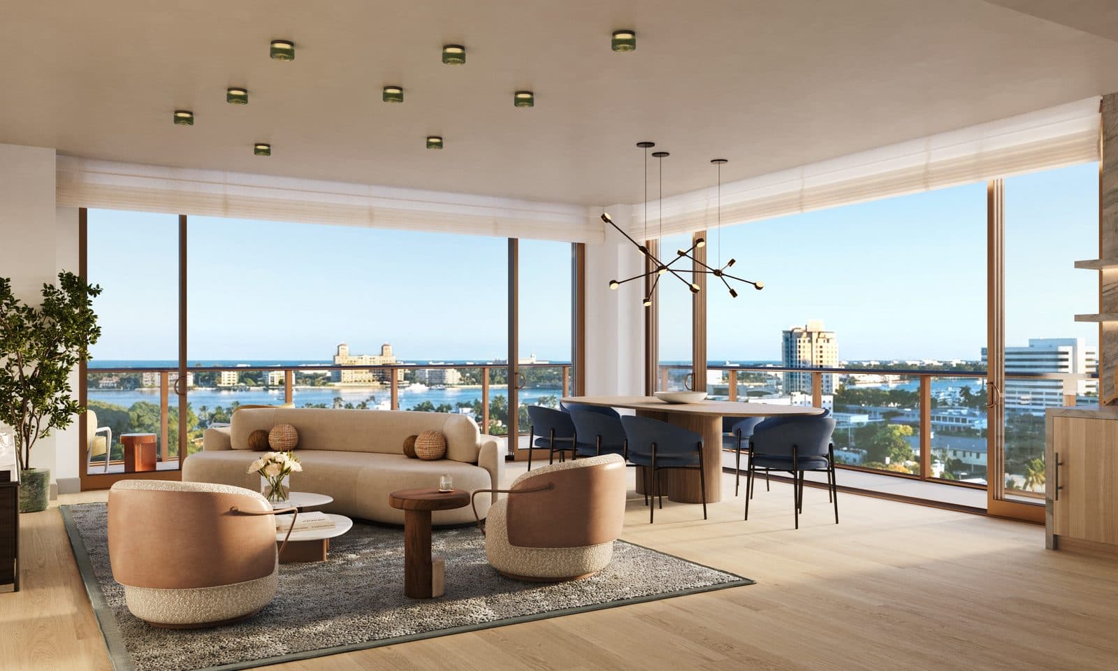 Nora House — Inside the Residences — 01 line — living and dining, opening to the terrace through floor-to-ceiling glass