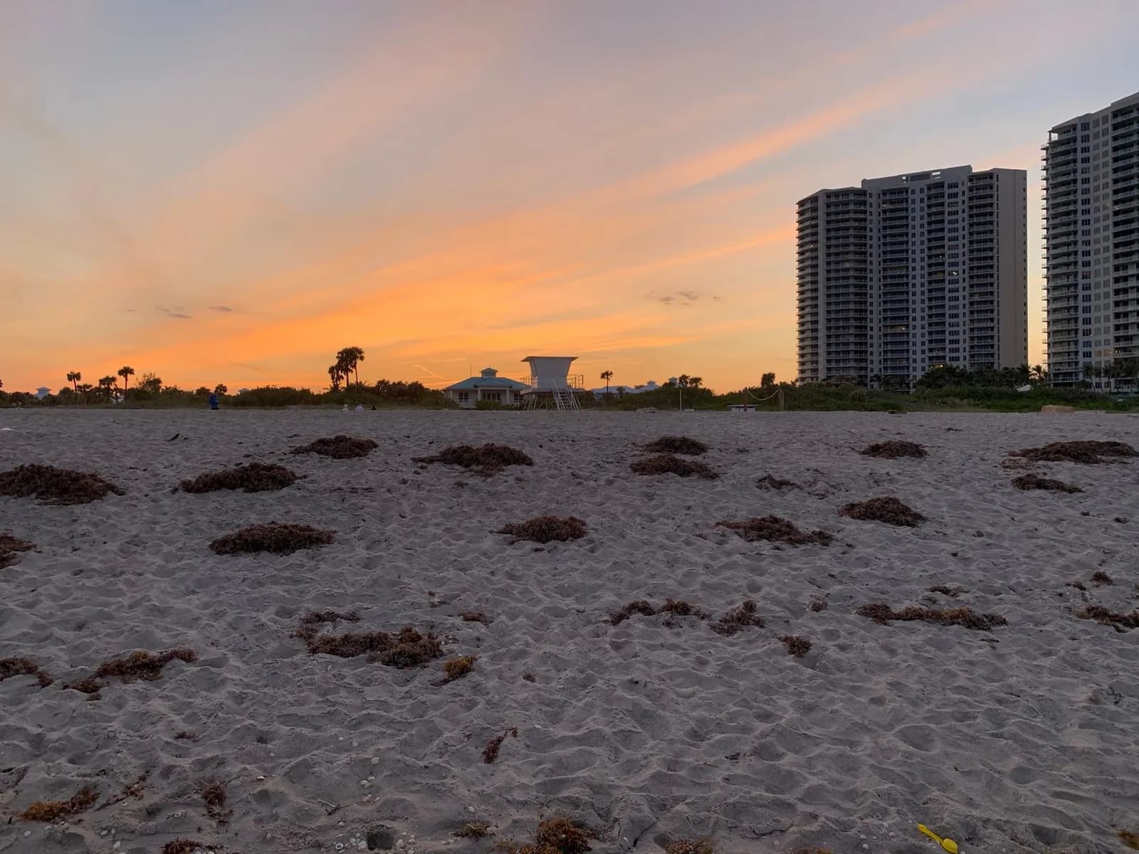 A lifeguard stand and beach pavilion on Singer Island at dusk, with condo towers to the right